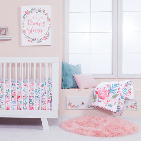 Image of Painterly Floral 3 Piece Crib Bedding Set