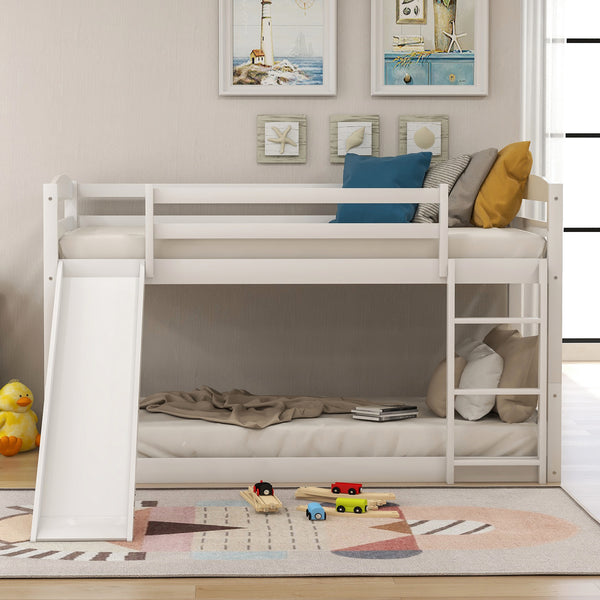 Twin over Twin Low Bunk Bed with Slide and Ladder in White – Kaba Kids