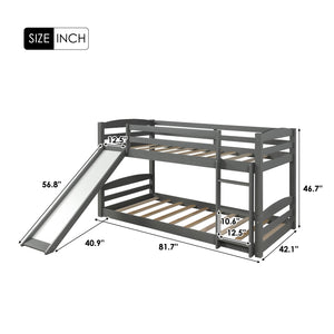Twin over Twin Low Bunk Bed with Slide and Ladder in Grey