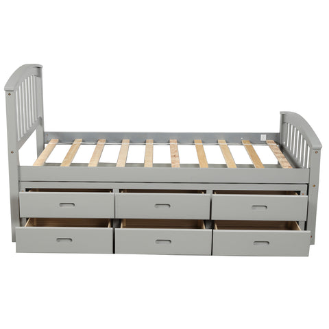 Image of Oris Fur. Twin Size Platform Storage Bed Solid Wood Bed with 6 Drawers in Grey
