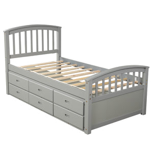 Oris Fur. Twin Size Platform Storage Bed Solid Wood Bed with 6 Drawers in Grey