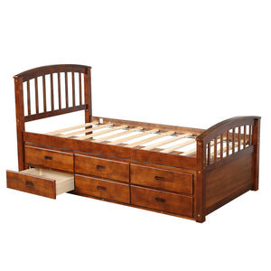 Oris Fur. Twin Size Platform Storage Bed Solid Wood Bed with 6 Drawers in Walnut