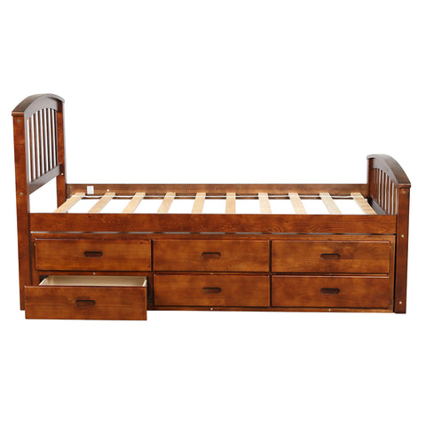 Image of Oris Fur. Twin Size Platform Storage Bed Solid Wood Bed with 6 Drawers in Walnut