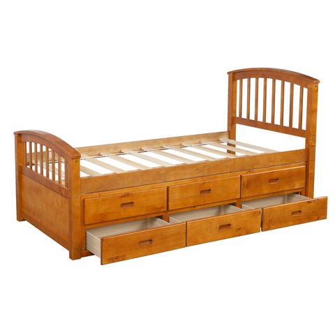 Image of Oris Fur. Twin Size Platform Storage Bed Solid Wood Bed with 6 Drawers in Oak