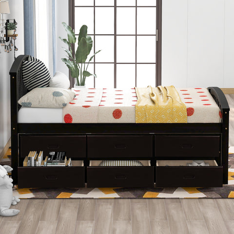 Image of Oris Fur. Twin Size Platform Storage Bed Solid Wood Bed with 6 Drawers in Espresso