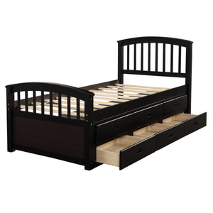 Oris Fur. Twin Size Platform Storage Bed Solid Wood Bed with 6 Drawers in Espresso