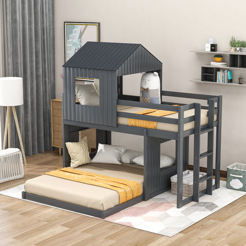 Image of Lucky Furniture Twin Over Full Bunk Bed, Loft Bed with Playhouse