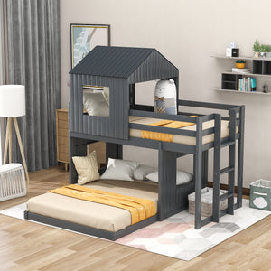 Lucky Furniture Twin Over Full Bunk Bed, Loft Bed with Playhouse