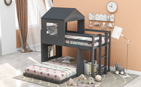 Image of Lucky Furniture Twin Over Full Bunk Bed, Loft Bed with Playhouse