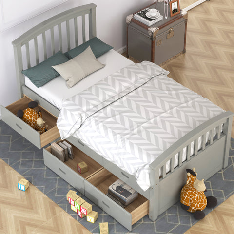 Image of Oris Fur. Twin Size Platform Storage Bed Solid Wood Bed with 6 Drawers in Grey