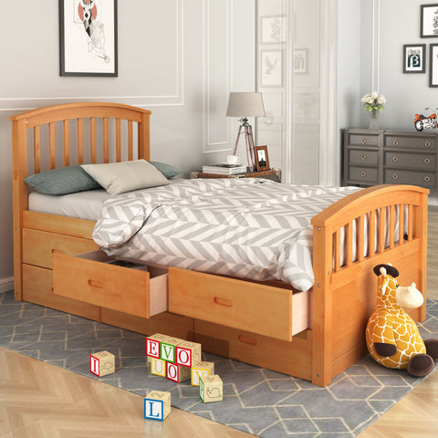 Image of Oris Fur. Twin Size Platform Storage Bed Solid Wood Bed with 6 Drawers in Oak