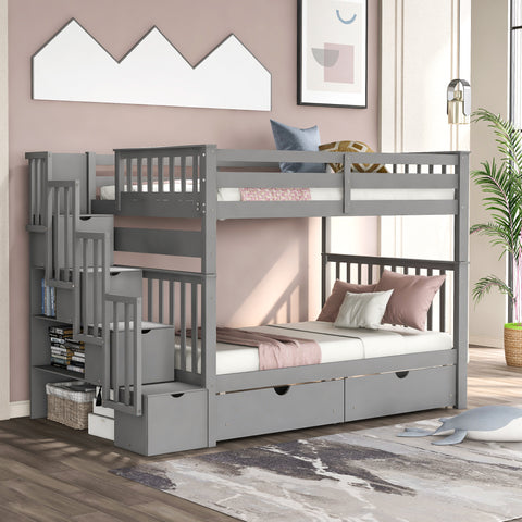 Image of Lucky Furniture Full Over Full Bunk Bed with Shelves and 6 Storage Drawers, Gray