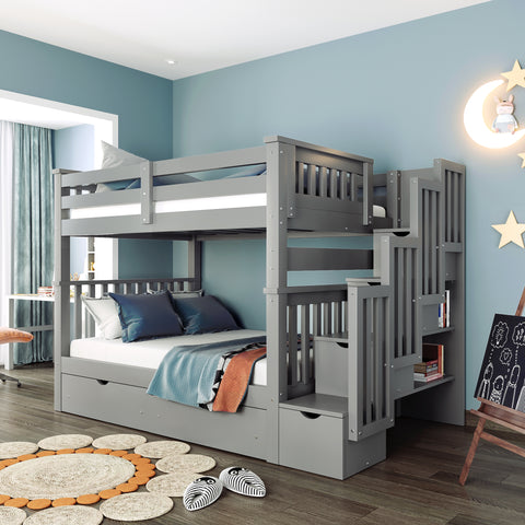 Image of Lucky Furniture Full Over Full Bunk Bed with Shelves and 6 Storage Drawers, Gray