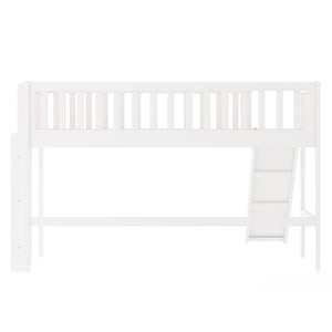 Twin Size Low Loft Bed with Ladder and Slide in White