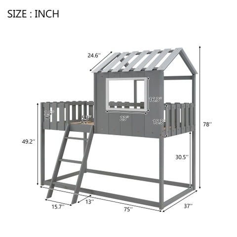 Image of Bunk House Bed with Rustic Fence-Shaped Guardrail, Gray