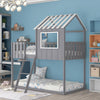 Bunk House Bed with Rustic Fence-Shaped Guardrail, Gray