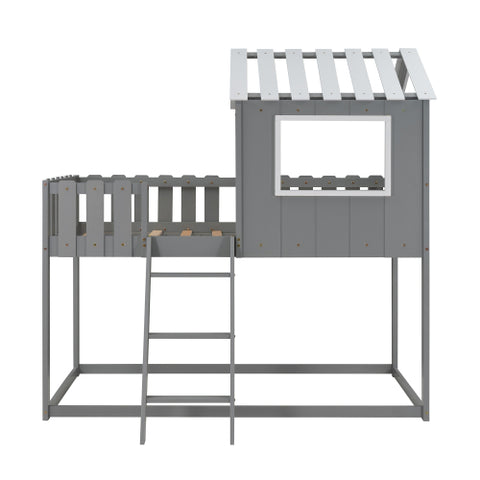 Image of Bunk House Bed with Rustic Fence-Shaped Guardrail, Gray