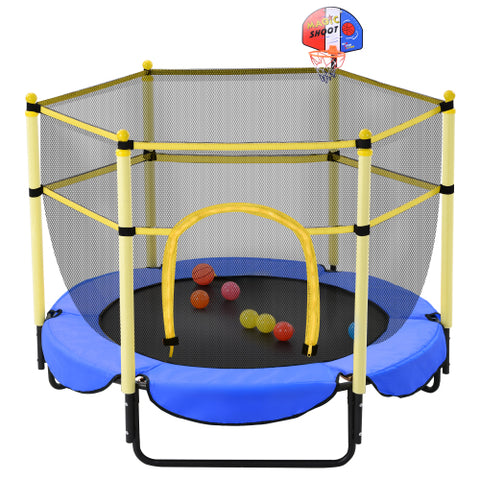 Image of Blue Todller Indoor and Outdoor 5FT Trampoline with Basketball Hoop
