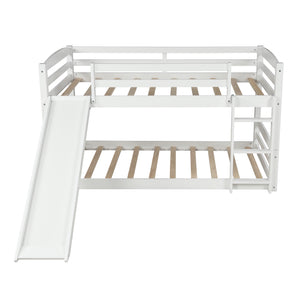 Twin over Twin Low Bunk Bed with Slide and Ladder in White