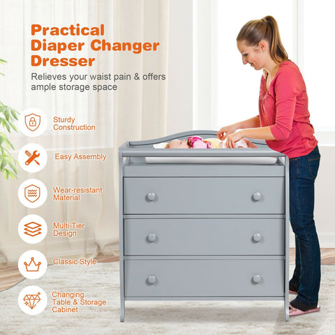 Image of 3-Drawer Dresser Changing Table with Safety Belt Guardrails in Gray