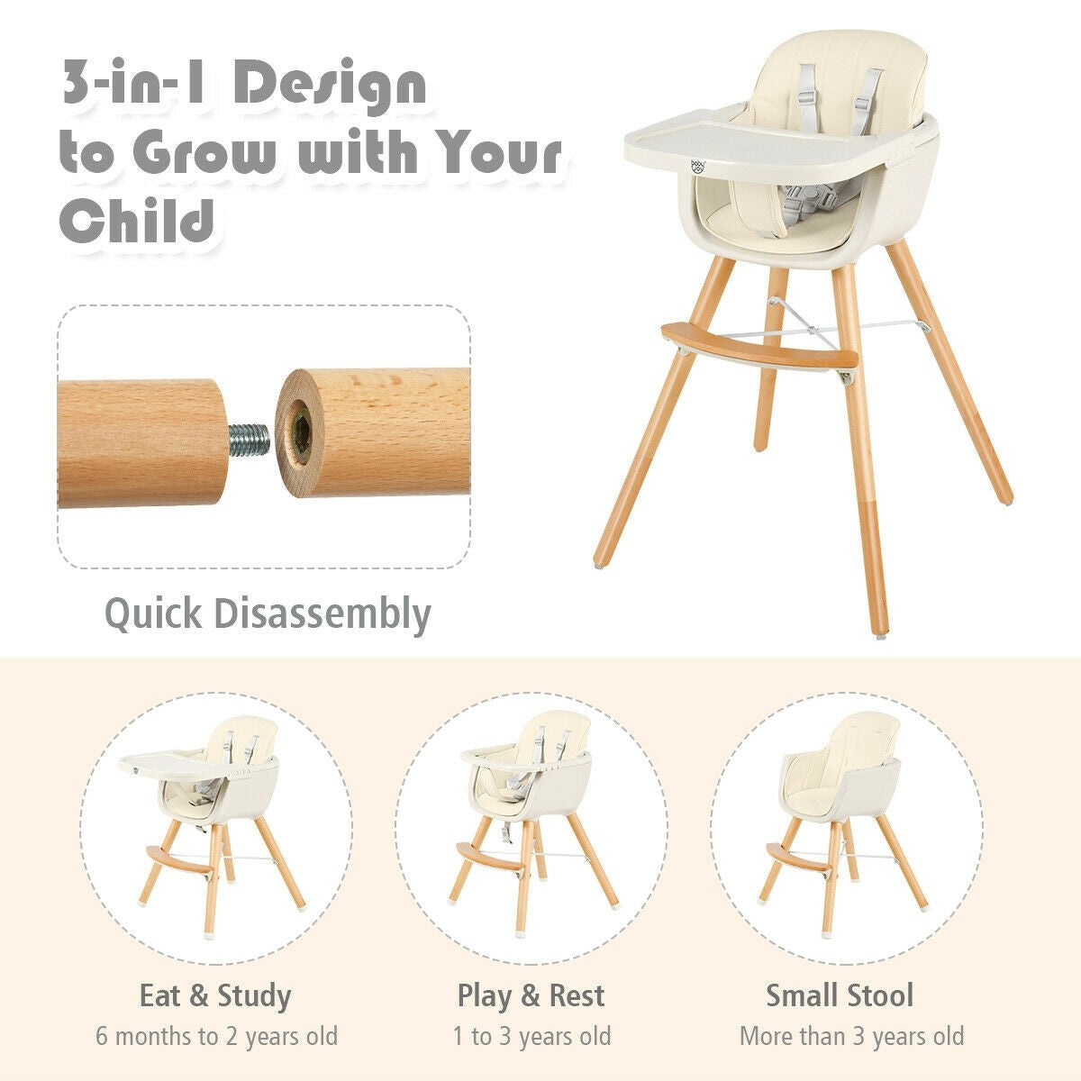 3 in 1 Convertible Wooden High Chair with Cushion – Kaba Kids