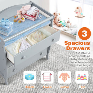 3-Drawer Dresser Changing Table with Safety Belt Guardrails in Gray