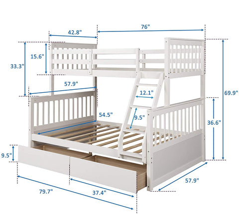 Image of Kaba Kids Twin Over Full Bunk Bed with Storage in White
