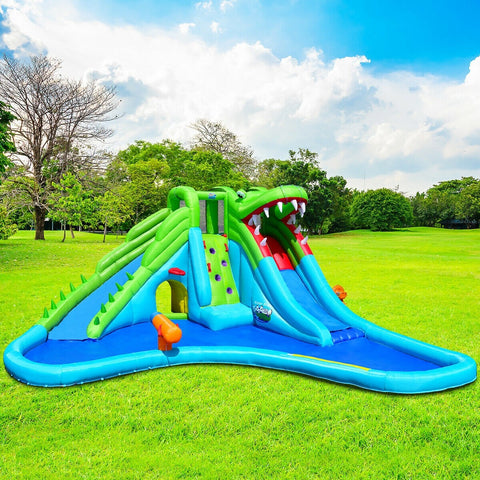 Image of Costway Inflatable Crocodile Water Slide Climbing Wall Bounce House with 780W Blower