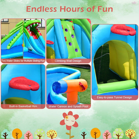 Image of Costway Inflatable Crocodile Water Slide Climbing Wall Bounce House with 780W Blower